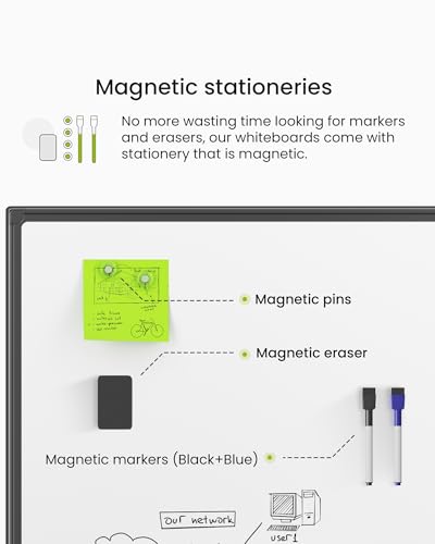 VUSIGN Black Aluminum Magnetic White Board 24" x 18" with Dry-Erase Eraser, Multicolor Markers, Magnetic Pins for Office, Home, School