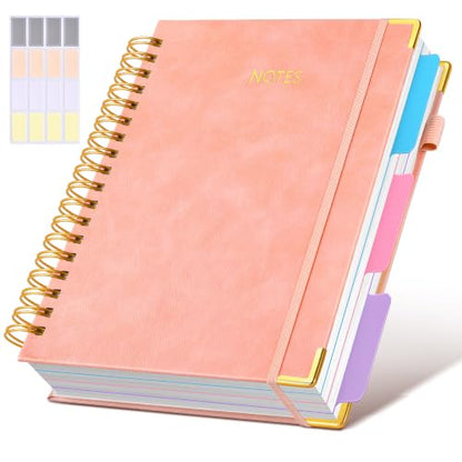 JASLEKO 3 Subject Notebook College Ruled with Dividers Tabs, 100 GSM Leather Hardcover Spiral Notebooks for School Work, 240 Pages Large Cute Notebook Journal for Women Men, College Students,Pink - color: Pink
