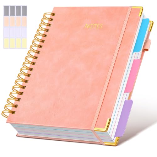 JASLEKO 3 Subject Notebook College Ruled with Dividers Tabs, 100 GSM Leather Hardcover Spiral Notebooks for School Work, 240 Pages Large Cute Notebook Journal for Women Men, College Students,Pink - color: Pink