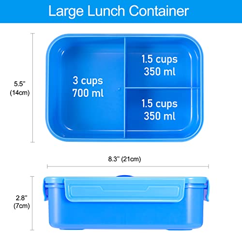 Caperci Classic Bento Lunch Box for Adult & Older Kids - Leakpoof 47 oz 3-Compartment Lunch Containers for Adults and Teens, Built-in Utensil Set, Ideal for On-the-Go, Blue - color: Blue