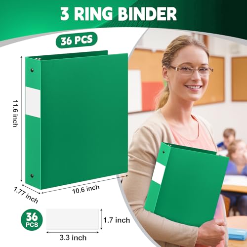 Henoyso 36 Pcs Green 1.5 Inch 3 Ring Plastic Binder Bulk, 1 1/2 Inch Soft Flexible Binders Three Round Rings Fit 8.5x11 Papers for School Office Home File Organization Supplies - color: Green