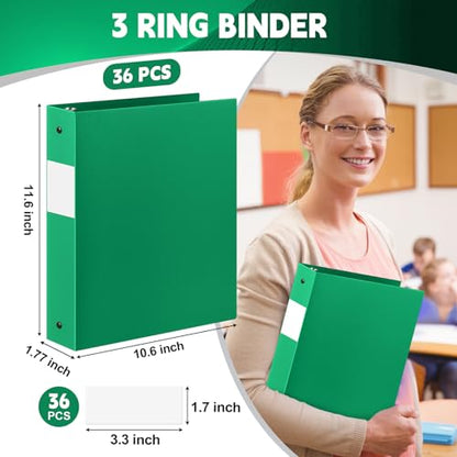 Henoyso 36 Pcs Green 1.5 Inch 3 Ring Plastic Binder Bulk, 1 1/2 Inch Soft Flexible Binders Three Round Rings Fit 8.5x11 Papers for School Office Home File Organization Supplies - color: Green