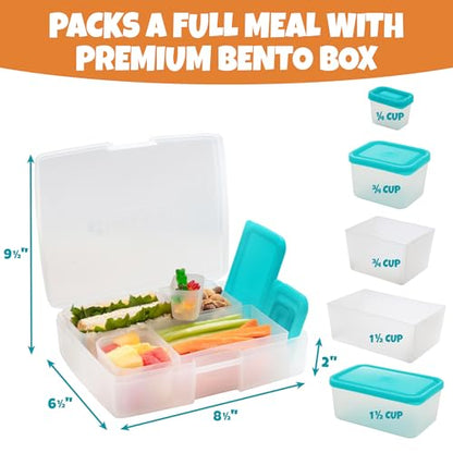 Bentology Bento Lunch Box Set w 5 Leakproof Made-to-Size Snack Containers & Built-In Utensil Holder- Meal Prep Made Easy w Reusable, Kid's Back to School or Office- Durable, BPA Free, Dishwasher Safe - color: Clear Teal