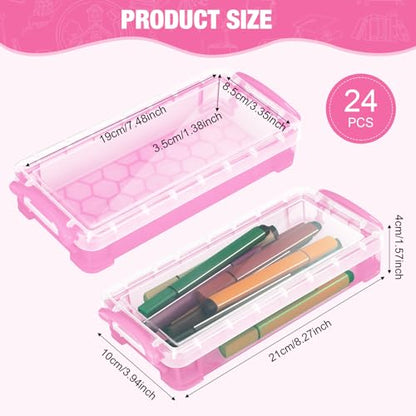 Gueevin 24 Pcs Large Capacity Plastic Pencil Box Clear Plastic Pencil Case Crayon Box with Snap Tight Lid Watercolor Pen Storage Brush Organizer Drawing Tools Container (Light Pink) - color: Light Pink