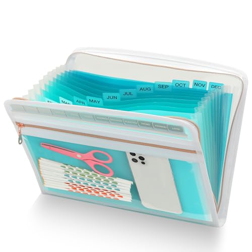 H4D Accordion File Organizer, 13 Pocket Expanding File Folder, Teal | Zippered, Front Clear Pouch, Letter Size Paper, A4 Paper, Fit for Documents - color: Teal