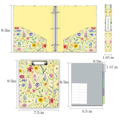 Mini Binder Organizer，1 Inch 3 Ring Binder with Clipboard, 5-Tabs Pockets Dividers, Plastic Folder, 18 Divider Stikers, Pen Loop (Garden Party, 5.5" x 8.5") - color: Garden Party, size: 1in（5.5"x8.5"）