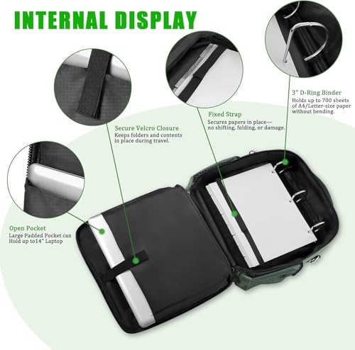 3 Ring Zipper Binder Bag for 700+ Sheets Capacity Detachable Backpack Straps & Shoulder 14 Inch Laptop for and Office (Green) - color: Green