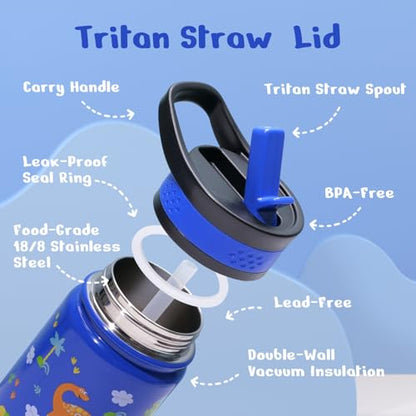 2 Pack Insulated Kids Water Bottle, BUZIO 14oz Stainless Steel Water Bottles with Tritan Straw Lid, BPA-FREE Lead-Free Double Wall Leak Proof Drink Cups Flask for School (Blue Car +Blue Dinosaur) - color: Blue/Blue