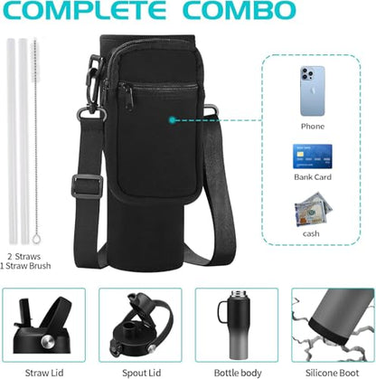 Insulated Water Bottle 32 OZ - with Straw & Pop-up Spout Lid, Keep Cold-48H Hot-12H, Stainless-Steel with handle for Women Men, Metal Flask Water Bottle Fits in Cup Holder - color: Black&Grey with handle, size: 32 Ounces