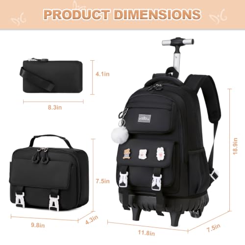 DIGOBAY 3-IN-1 Kids Rolling Backpack for Girls with Lunch Bag Pencil case, Black Kawaii Backpack with Wheels for Girls Roller School Bag with Wheels for Teen Elementary School Bookbags with Cute Pins - color: Black