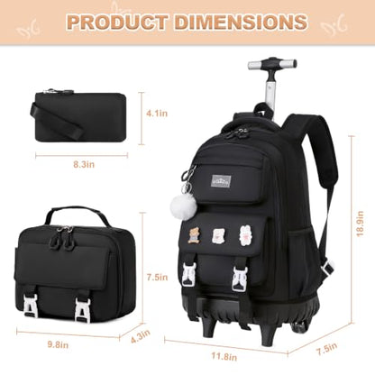 DIGOBAY 3-IN-1 Kids Rolling Backpack for Girls with Lunch Bag Pencil case, Black Kawaii Backpack with Wheels for Girls Roller School Bag with Wheels for Teen Elementary School Bookbags with Cute Pins - color: Black