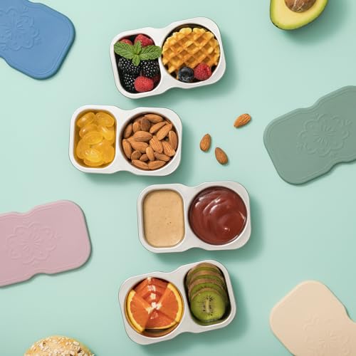 VITEVER 4 Pack Small Stainless Steel 2-Compartment Snack Containers with Lids, Reusable Snack Pack Containers, Lunch Box Accessories,Double Compartment Salad Dressing Containers to Go, 5.3oz - color: 4 Pack