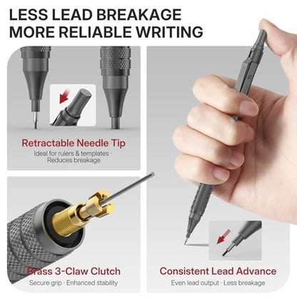 WUO 0.5mm Mechanical Pencil Set, 3 Grey Metal Drafting Pencils with 480 HB Lead Refills, Precision Eraser Pen, 4B Erasers & Case, Mechanical Pencils for Writing, Drawing, Sketching & School - color: Grey, size: 0.5