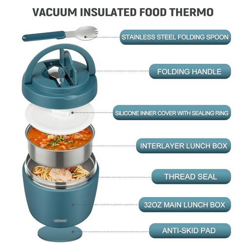 wiwens Thermo Food Jar for Hot Food Adults 32OZ Soup Thermo Lunch Containers Wide Mouth Vacuum Insulated Stainless Steel Leakproof Bento Box with Spoon (lake blue) - color: Lake Blue