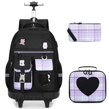 ACESAK Rolling Backpack for Girls - Roller Wheels School Bookbag with Lunch Bag & Pencil Pouch for Teen Girls Kids Wheeled Suitcase Backpacks, Elementary Middle School Travel Daypack (Black Purple) - color: Black-purple