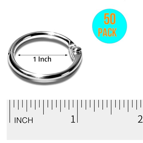 50 Pack 1 Inch Binder Rings, Loose Leaf Book Rings for Index Cards | Silver metal rings snap closed snugly; 50 pcs, 1 in size, holds up to 175 sheets for index cards, keys, office and crafts - size: 1 inch 50 PCS