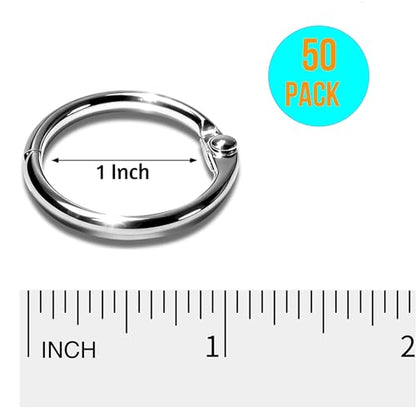 50 Pack 1 Inch Binder Rings, Loose Leaf Book Rings for Index Cards | Silver metal rings snap closed snugly; 50 pcs, 1 in size, holds up to 175 sheets for index cards, keys, office and crafts - size: 1 inch 50 PCS