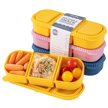 3 Pack Silicone Reusable Snack Containers with Lids - 3 Compartment Snackle Box for Kids & Adults, BPA-Free & Leakproof, Small for Dressing, Sauces, School, Office, Picnic（Blue, yellow, pink） - color: 3-Compartment (3-Pack)
