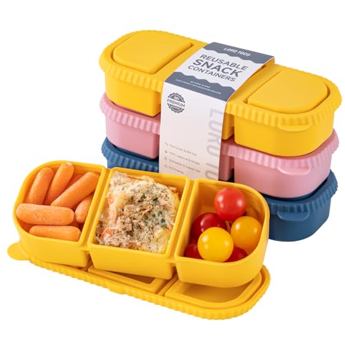 3 Pack Silicone Reusable Snack Containers with Lids - 3 Compartment Snackle Box for Kids & Adults, BPA-Free & Leakproof, Small for Dressing, Sauces, School, Office, Picnic（Blue, yellow, pink） - color: 3-Compartment (3-Pack)