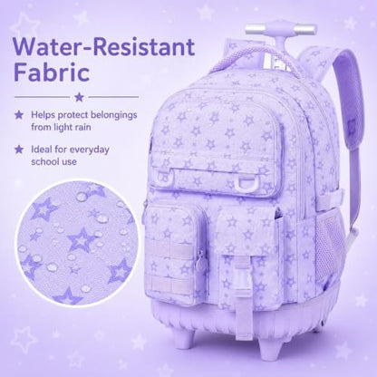 CCJPX 3Pcs Rolling Backpack for Girls, Roller Wheeled School Bookbag, Star Wheels Backpacks with Lunch Box for Kids (Purple) - color: Star Purple