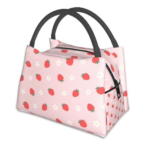 Cute Strawberry Lunch Bag for Kids,Cute Flowers Pink Lunch Box for Women,Leakproof Large Capacity Thermal Insulation Cooler Tote Bag for Nurse Teacher Work Picnic - color: Cute Strawberry