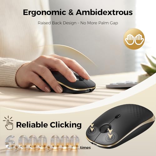 TECKNET Rechargeable Slim Portable Silent Computer 2.4 GHz Wireless Mouse | Lightweight Ambidextrous with USB-A Receiver, 4000 DPI Optical Tracking 90-Day Battery Life, Compatible with PC, Mac, Laptop - color: Black gold