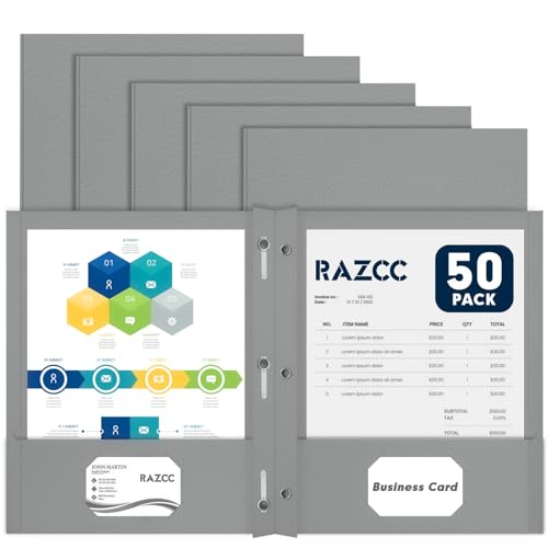 Two Pocket Folders, RAZCC 50 Pack Two Pocket Folders with Prongs, 3 Prong Folders Fit Letter Size Paper, Pocket File Folders for School Office Home Business, Grey - color: Grey