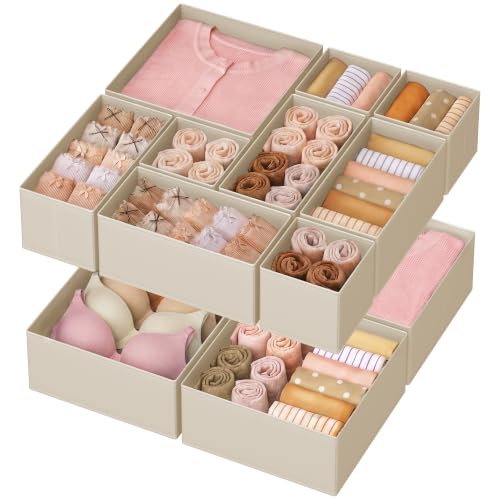 SONGMICS Drawer Organizers, Dresser Divider Organizers, Set of 12, Foldable Fabric Storage Boxes for Socks, Underwear, Bras, Ties, Scarves, Summer Sand URDZ006Y02 - color: Summer Sand, size: 12 Pack