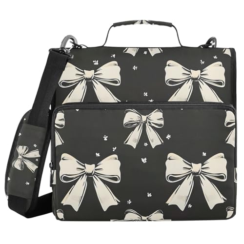 3 Ring Zipper Binder with Shoulder Strap Black White Bow 1.5 inch Binders Keeper Large Capacity Multi Pockets for School Office Supplies - color: Multi387, size: Fit 500 Sheets