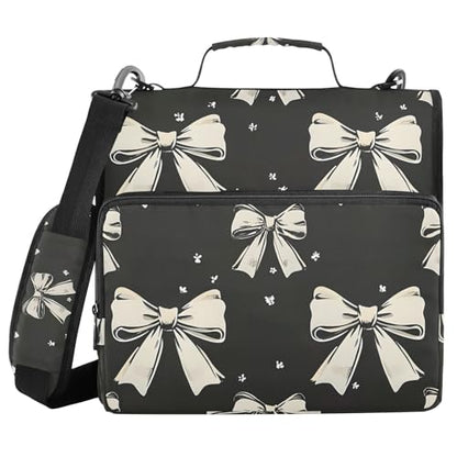 3 Ring Zipper Binder with Shoulder Strap Black White Bow 1.5 inch Binders Keeper Large Capacity Multi Pockets for School Office Supplies - color: Multi387, size: Fit 500 Sheets
