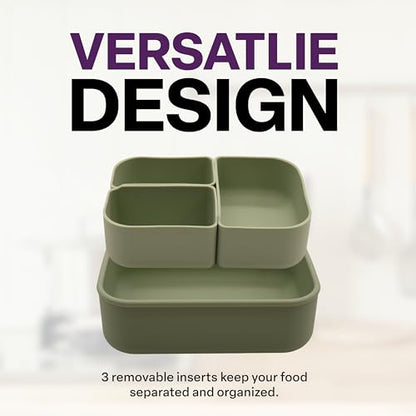 A-to-Z Supply 289-0054G Heavy Duty Silicone Bento Box with 3 Removable Compartments, BPA-Free, Leak-Resistant, Dishwasher & Microwave Safe, Ideal for Work, Travel & Meal Prep, Green - style: 3 Compartments Removable