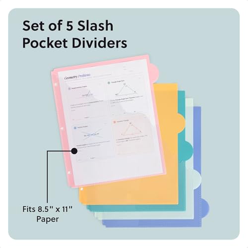 U Brands 5 Tab Poly Binder Dividers with Pocket, Pastel Drift, 3-Hole Punched, 10 Blank Labels, Transparent Pocket, Durable No-Tear - color: Pastel Drift