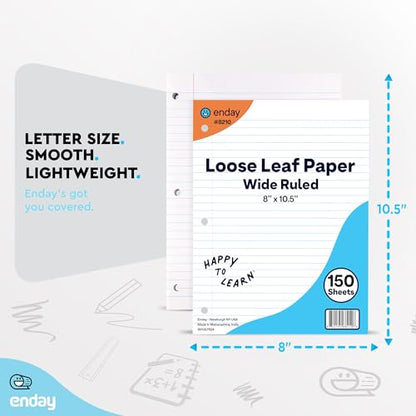 Loose Leaf Paper Notebook Paper, 8" x 10.5" Filler Paper White, 3 Hole Punched Binder Paper for 3 Ring Binders, Lined Paper 150 Sheets Per Pack - By Enday (4 Pack, Wide Ruled) - size: 4 Pack