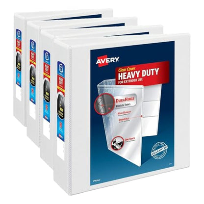Avery Heavy-Duty View 3 Ring Binder, 3" One Touch Slant Rings, Holds 8.5" x 11" Paper, 1 White Binder (05604) (Pack of 4) - size: 3" (Pack of 4)