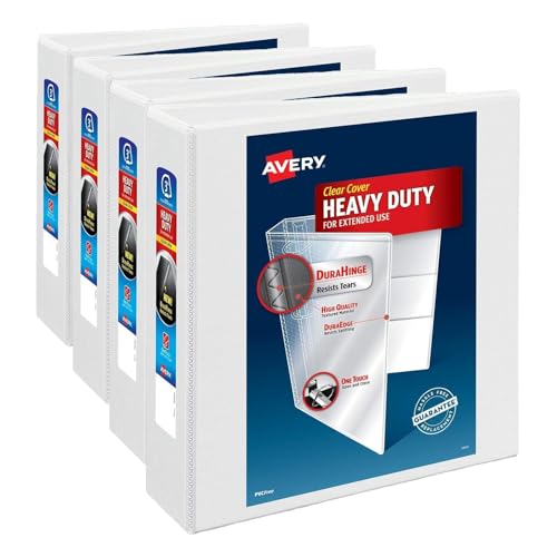 Avery Heavy-Duty View 3 Ring Binder, 3" One Touch Slant Rings, Holds 8.5" x 11" Paper, 1 White Binder (05604) (Pack of 4) - size: 3" (Pack of 4)