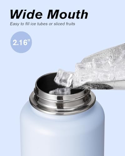 Coolflask 32 oz Water Bottle Insulated with Straw & 3 Leakproof Lids | Water Flask Stainless Steel Triple-Wall Vacuum,Cold 52+h, Dishwasher Safe,Wide Mouth,BPA-Free,Carrier Bag,for Gym,Hiking - color: Light Blue, size: 32 Ounces