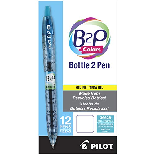 Pilot B2P Colors - Bottle to Pen Refillable & Retractable Rolling Ball Colored Gel Pens Made From Recycled Bottles, Fine Point, 0.7mm, Turquoise Ink, 12-Pack - color: Turquoise, size: 12 Count (Pack of 1)