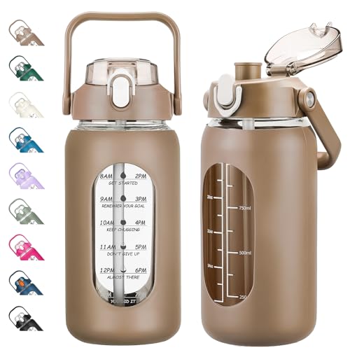42oz Glass Water Bottles with Straw, Motivational Glass Bottle with Silicone Sleeve and Time Marker, Leakproof Large Glass Water Jug for Gym Home Office,Amber - color: Amber, size: 42 Ounces