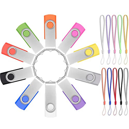 FEBNISCTE 8GB USB 3.0 Flash Drive Bulk 10 Pack Thumb Drives - Foldable 8 GB USB3.0 Memory Stick Data Storage Multipack Zip Drives - Portable Jump Drive Gift Multi-Coloured Pen Drive with 10pcs Rope