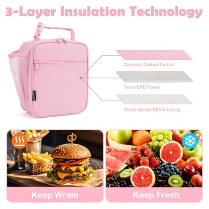 FlowFly Kids Lunch box Insulated Soft Bag Mini Cooler Back to School Thermal Meal Tote Kit for Girls, Boys, Pink - color: Pink