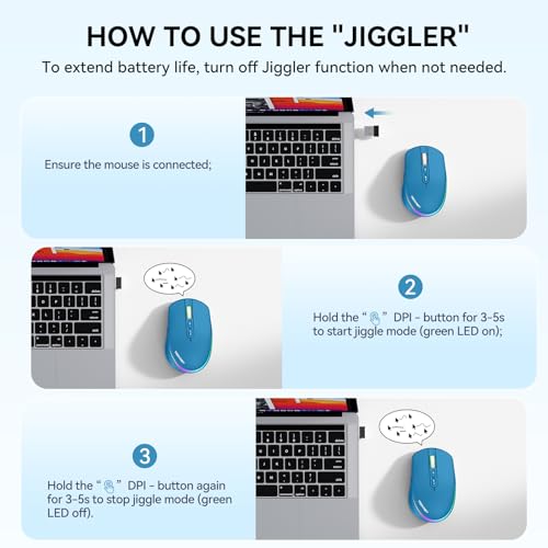 TECKNET Wireless Mouse Jiggler, Rechargeable Mouse with Built-in Mouse Mover, 6 Adjustable DPI & 14 LED Modes, Silent Click, Undetectable Random Movement Keeps Computer Awake for Laptop/PC/Mac- Blue - color: Blue