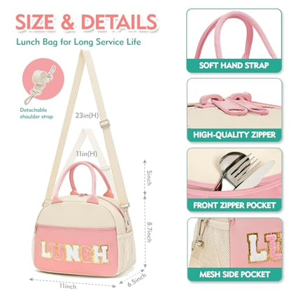 Lunch Bag for Girls and Women, Cute Preppy Lunch Bag with Chenille Letters, Insulated Large Capacity Lunch Tote with Detachable Strap for School, Work & Picnic, Light Pink - color: Light Pink