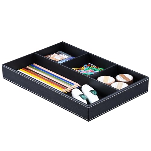 KINGFOM Pu Leather Desk Organizer Tray, 4 Compartment Office Storage Supplies Stationery Drawer Tray, Nightstand Bedside Tray for Key, Wallet, Sunglass, Watch, Coin, Phone Valet Tray Stackable Black - color: Black