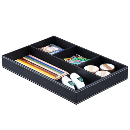 KINGFOM Pu Leather Desk Organizer Tray, 4 Compartment Office Storage Supplies Stationery Drawer Tray, Nightstand Bedside Tray for Key, Wallet, Sunglass, Watch, Coin, Phone Valet Tray Stackable Black - color: Black