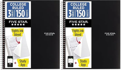 Five Star Spiral Notebook + Study App, 3 Subject, College Ruled Paper, Fights Ink Bleed, Water Resistant Cover, 8-1/2" x 11", 150 Sheets, Black (72069) (Pack of 2) - color: Black, size: 1 Count (Pack of 2)