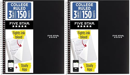 Five Star Spiral Notebook + Study App, 3 Subject, College Ruled Paper, Fights Ink Bleed, Water Resistant Cover, 8-1/2" x 11", 150 Sheets, Black (72069) (Pack of 2) - color: Black, size: 1 Count (Pack of 2)