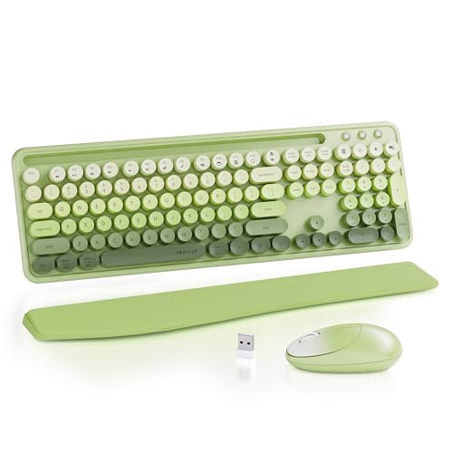 UBOTIE Ergonomic Wireless Keyboard and Mouse Combo with Phone Holder Wrist Rest, Round Colorful Keys, Power Switches, 2.4GHz USB Receiver, Full-Size QWERTY Layout for PC Laptop (Green) - color: Green