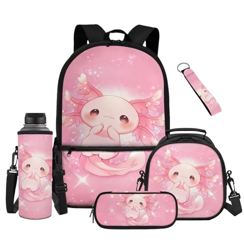 Kawaii Axolotl 5 Piece Kids Bookbag Set with Lunch Bag Pencil Case and Water Bottle Holder Large Capacity Backpack for School and Travel - color: Kawaii Axolotl-b