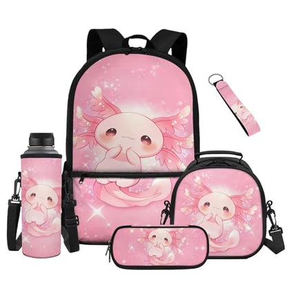 Kawaii Axolotl 5 Piece Kids Bookbag Set with Lunch Bag Pencil Case and Water Bottle Holder Large Capacity Backpack for School and Travel - color: Kawaii Axolotl-b