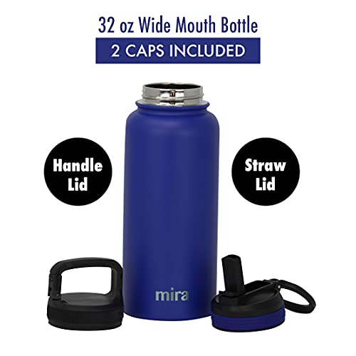 MIRA 32 oz Insulated Water Bottle - Stainless Steel Sports Flask with 2 Lids (Straw & Handle) - Cold Drink Thermo - Blue - color: Solid - Blue